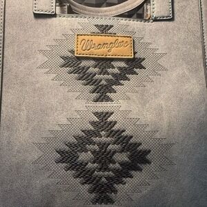 Wrangler WG218‑8900BK Gray Faux Leather Tote Bag Geometric Embroidery Purse NEW